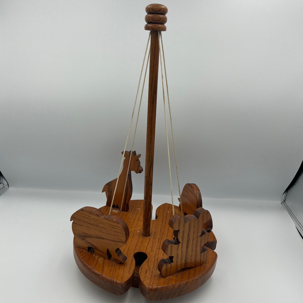 Vintage Wind Up Wooden Animal Carousel Mobile Decor Nursery Shelf Art Display